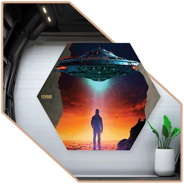 Dimenziókártya | UFO távozása Hexagon Vászonkép [több méretben]