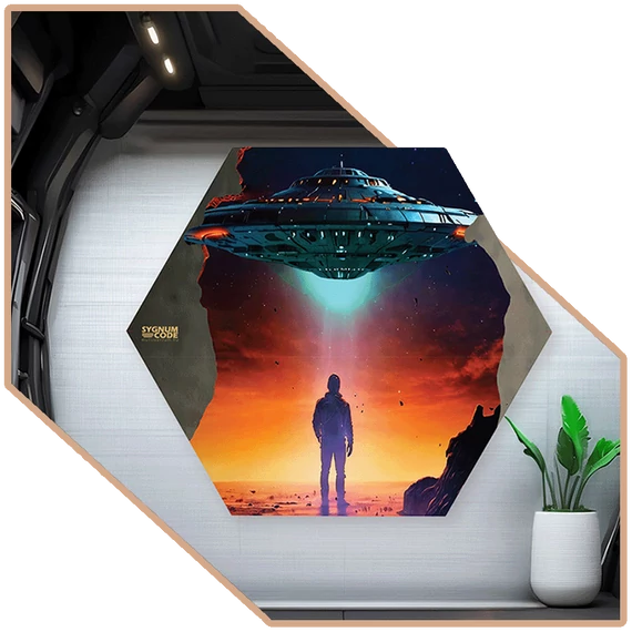 Dimenziókártya | UFO távozása Hexagon Vászonkép [S-méret]