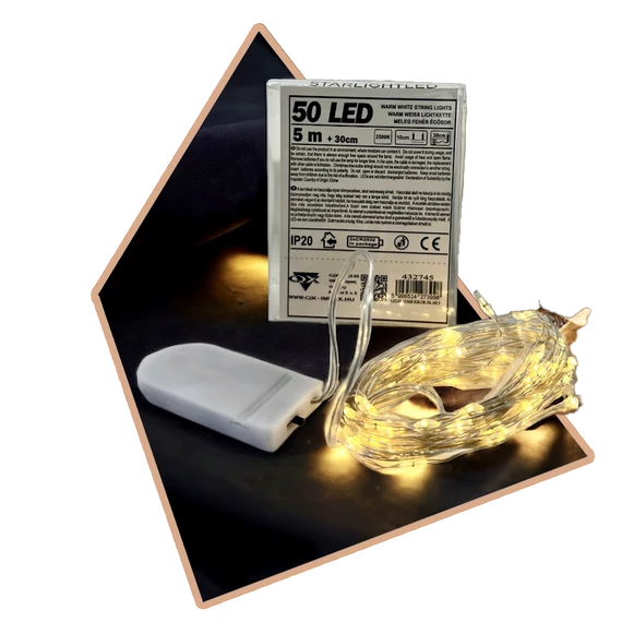 Melegfényű gombelemes LED (50 ledes)
